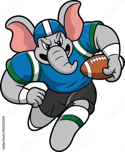 Cartoon elephant football player in blue jersey and helmet, black shorts, running with ball, determined expression, fun sports mascot