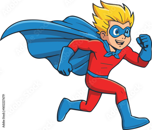 Cartoon superhero character with spiky yellow hair, red suit, blue gloves and cape, running pose, comic style vector illustration design