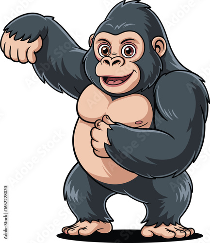 Cartoon gorilla upright pose, dark fur, light chest, raised arm, powerful stance, stylized character, anthropomorphic animal, comic style