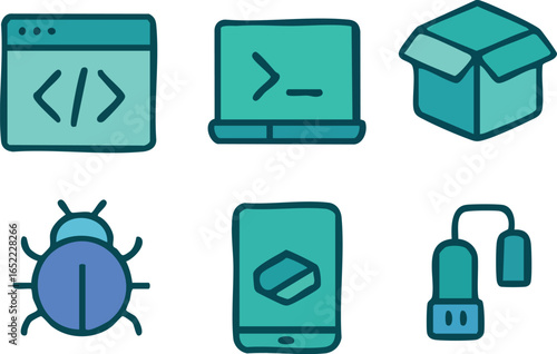 Software Development and IT Doodle Icons Set.