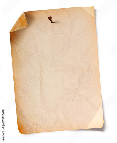 Old paper vintage background. Nailed old paper. Old sheet of paper pinned. 