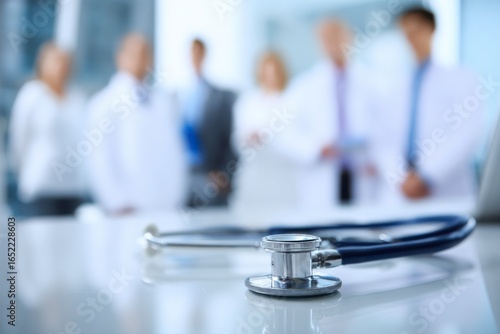 medical team working together with stethoscope lying