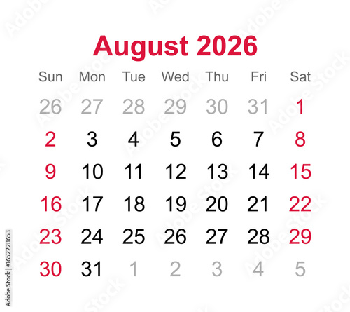 Monthly calendar of August 2026 on transparent background