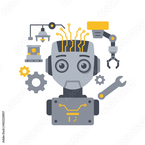 Friendly robot head surrounded by gears, wrench, and other mechanical components, concept for artificial intelligence, robotics engineering and future technology
