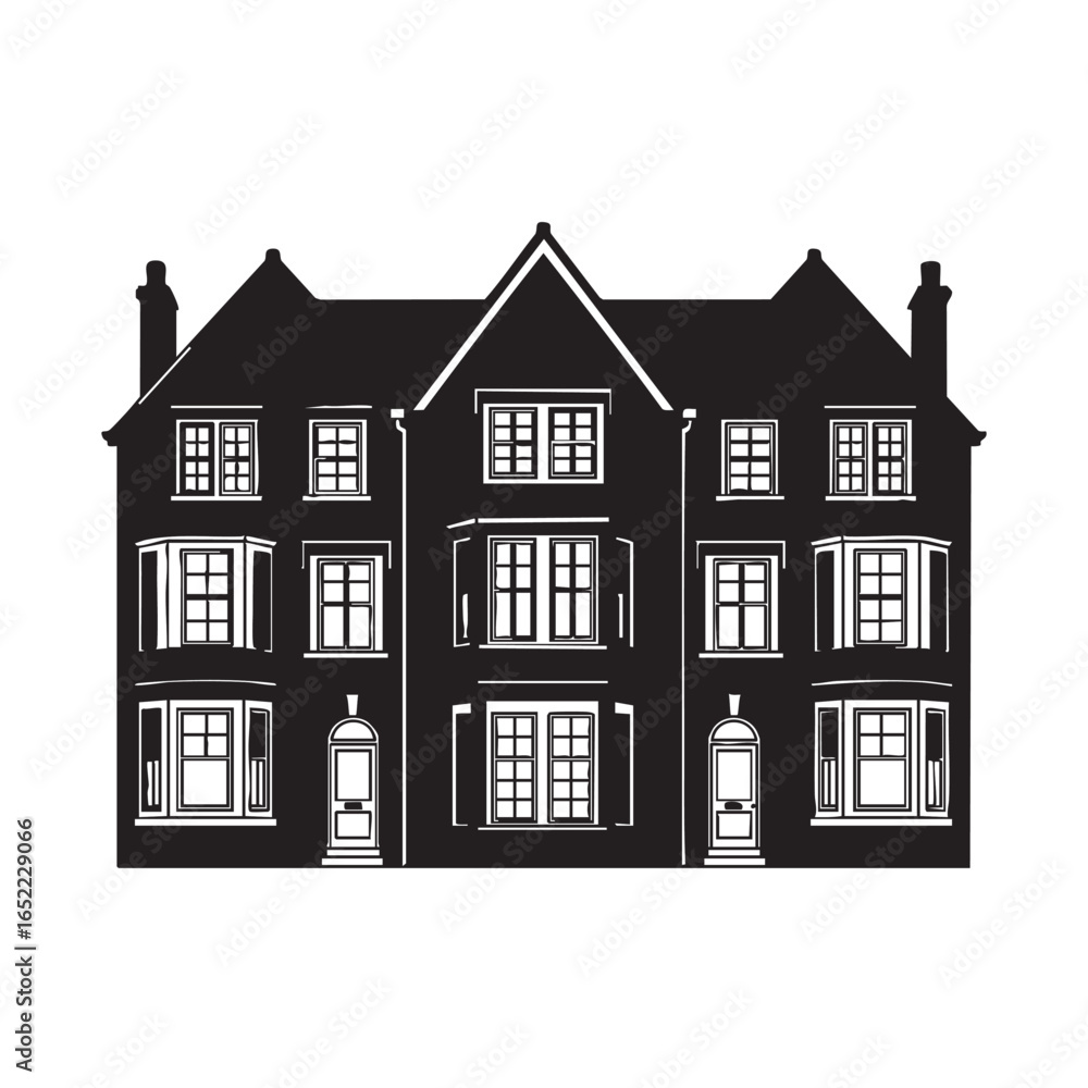 Fototapeta premium Elegant Victorian Townhouse Facade Black and White Silhouette Detailed Architecture Illustration Urban Living Design and Style