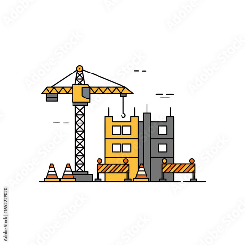 Construction crane lifting materials near unfinished building under construction process, concept for urban development, infrastructure project and civil engineering