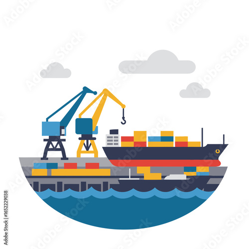 Flat vector illustration showing cargo ship loading with containers by industrial cranes on pier, concept for global trade, import export logistics and maritime transportation