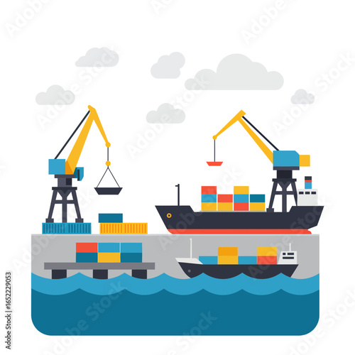 Container ship unloading cargo at dock with cranes and container, concept for global trade, import export and maritime transportation