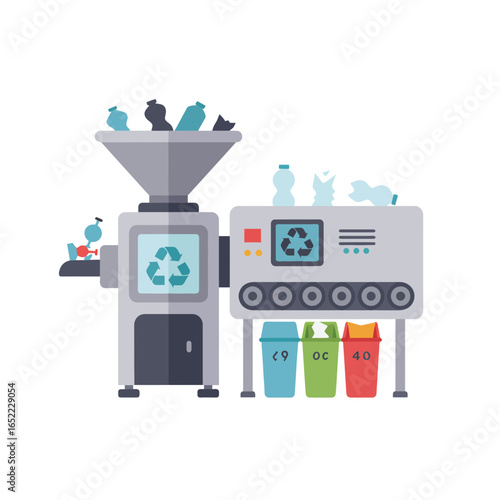 Automated recycling machine processing plastic bottles and waste with conveyor belt and sorting bins, concept for waste management, environmental sustainability and resource recovery