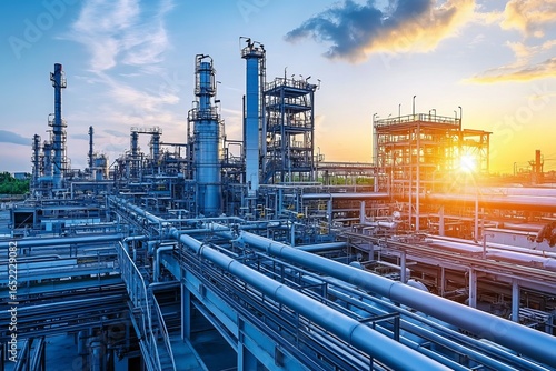 Industrial plant complex at sunset. Metal structures, pipelines, and tanks under vibrant sky