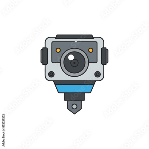 Stylized camera illustration with a minimalist design and blue accents, concept for video recording device, surveillance technology and travel equipment