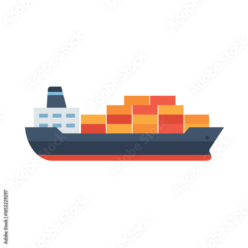 Cargo ship with container stacks on deck in flat vector style, concept for global trade, import and export logistics, and maritime transportation