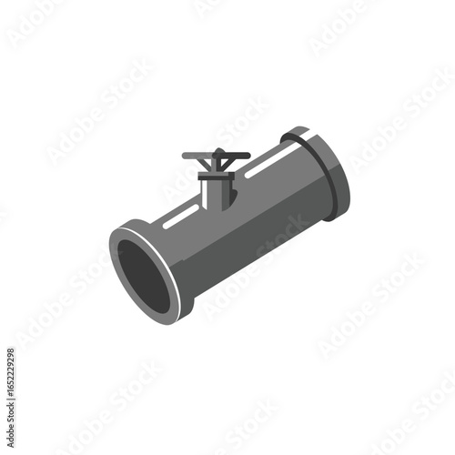 Isometric illustration of a gray pipe with valve on a white background, concept for plumbing, industrial equipment and water supply
