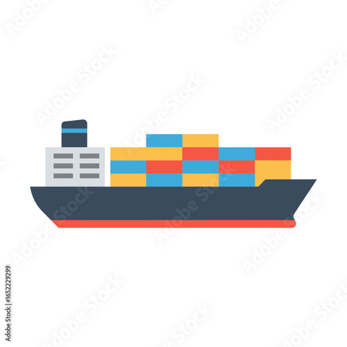 Cargo ship transporting colorful containers across the ocean, viewed from the side. Concept for global trade, international commerce and supply chain management