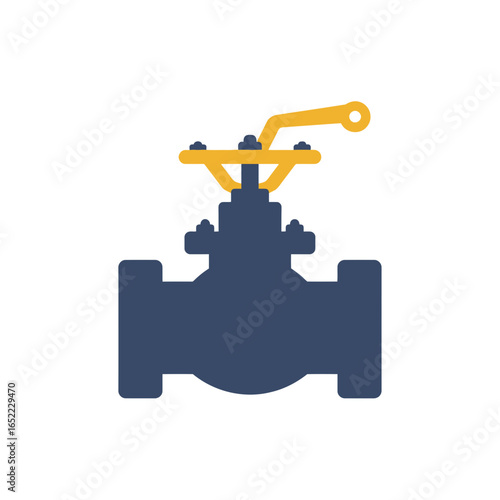 Blue industrial valve with yellow handle isolated on white background, concept for water control, pipeline regulation and process management
