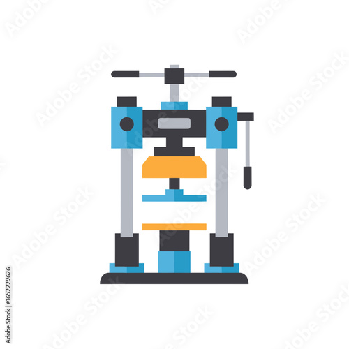 Geometric vector illustration of a manual press machine with blue and orange accents, concept for manufacturing processes, engineering diagrams and technical illustrations