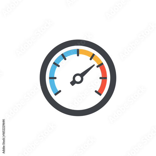 Circular gauge showing blue to red spectrum with needle pointing, concept for measuring performance, assessing risk and monitoring energy efficiency