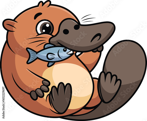 Cartoon platypus with dark brown bill and webbed feet holding blue fish, playful animal character with happy expression and beige belly