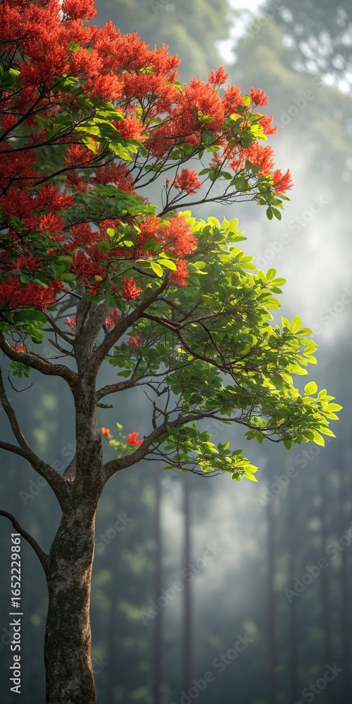 Naklejka premium Vibrant tree with red and green leaves bathed in soft sunlight in a misty forest