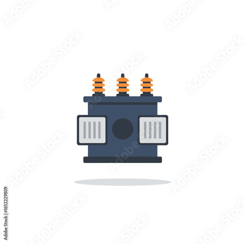 Flat illustration of power transformer with electrical bushings and cooling fins on white background, concept for electrical grid design, power distribution planning and industrial equipment diagrams
