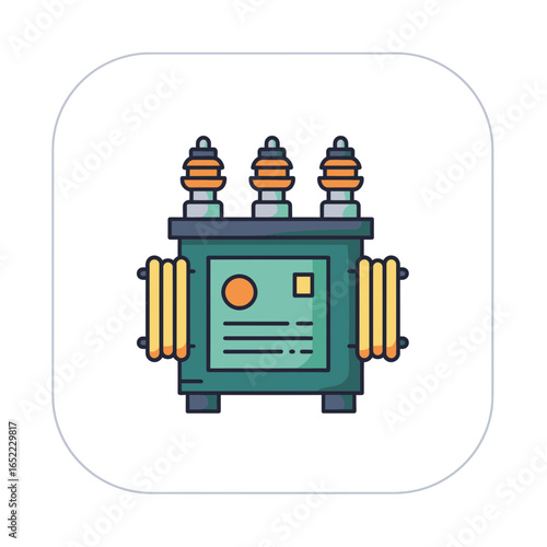 Illustration of a stylized electrical transformer with ceramic insulators and cooling fins, concept for power distribution networks, industrial equipment designs and electric engineering education