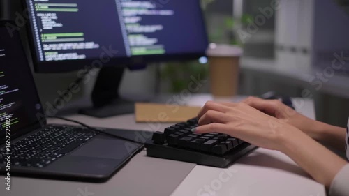 Close-up woman hand typing keyboard laptop computer artificial intelligence chatbot technology