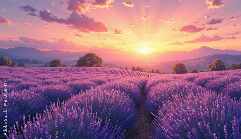 Fototapeta premium A lavender field at sunset with mountains in the background and pink clouds in the sky above fields