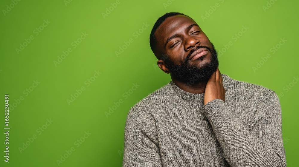 Obraz premium sad fatigue man concentrated down keeps hand on neck has thoughtful expression thinks how to solve problem being in despair dressed casually poses over vivid green background copy space no logos no b
