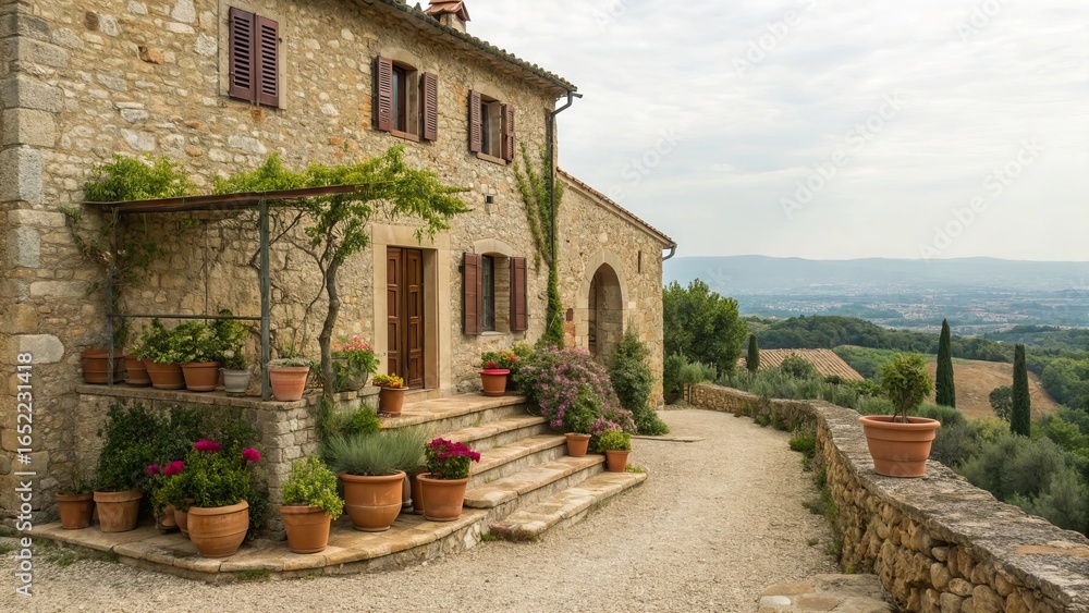 Fototapeta premium Charming exterior of old stone house in traditional Mediterranean style, with rustic garden terrace, rocky soil, Panoramic views of vineyards, gravel paths and surrounded by Terracotta flowers pots