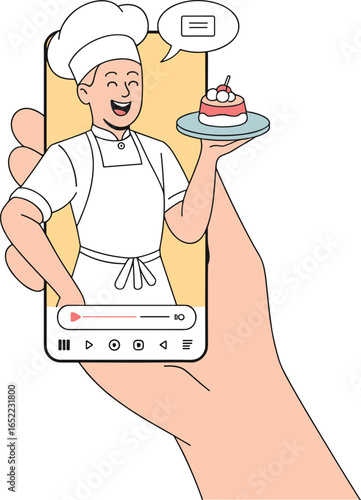 Hand holding smartphone with cooking tutorial video, chef presenting cherry dessert, culinary instruction, online recipe concept, digital baking guide