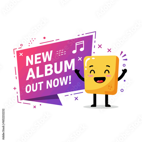 A cute yellow cartoon character happily announces a new music album release with a vibrant promotional banner.