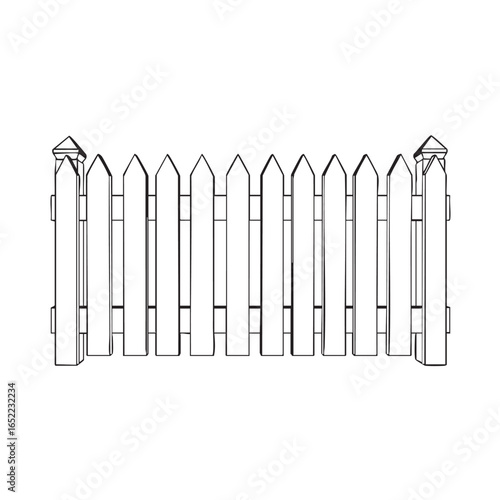 Illustration of a classic white picket fence design element showcasing traditional American architecture and suburban landscape concepts
