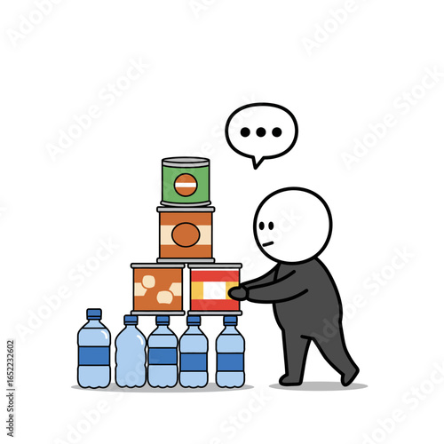 A simple figure stacks cans and water bottles, contemplating the precarious structure.