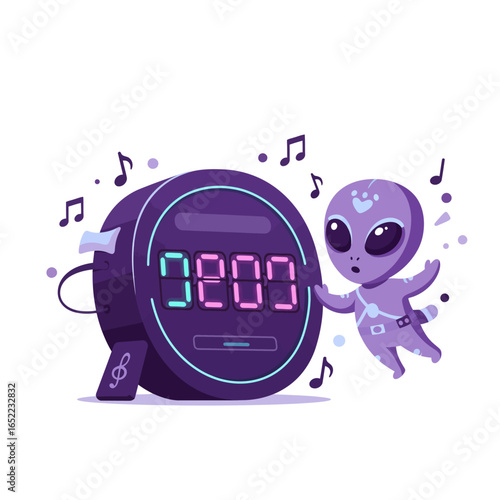A cute purple alien character dances next to a large, futuristic digital clock playing music.