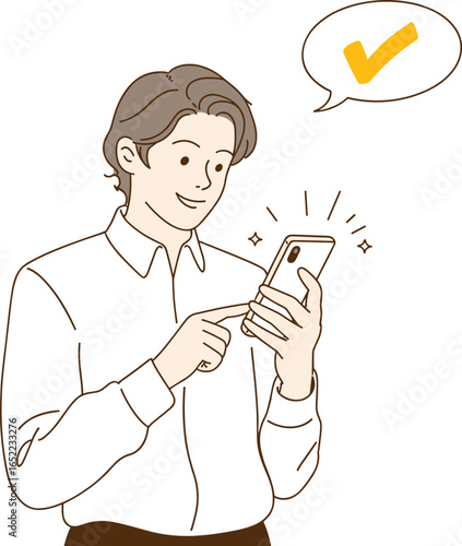 Person tapping smartphone screen with speech bubble checkmark, successful confirmation gesture, long-sleeved shirt, mobile device interaction, tech moment