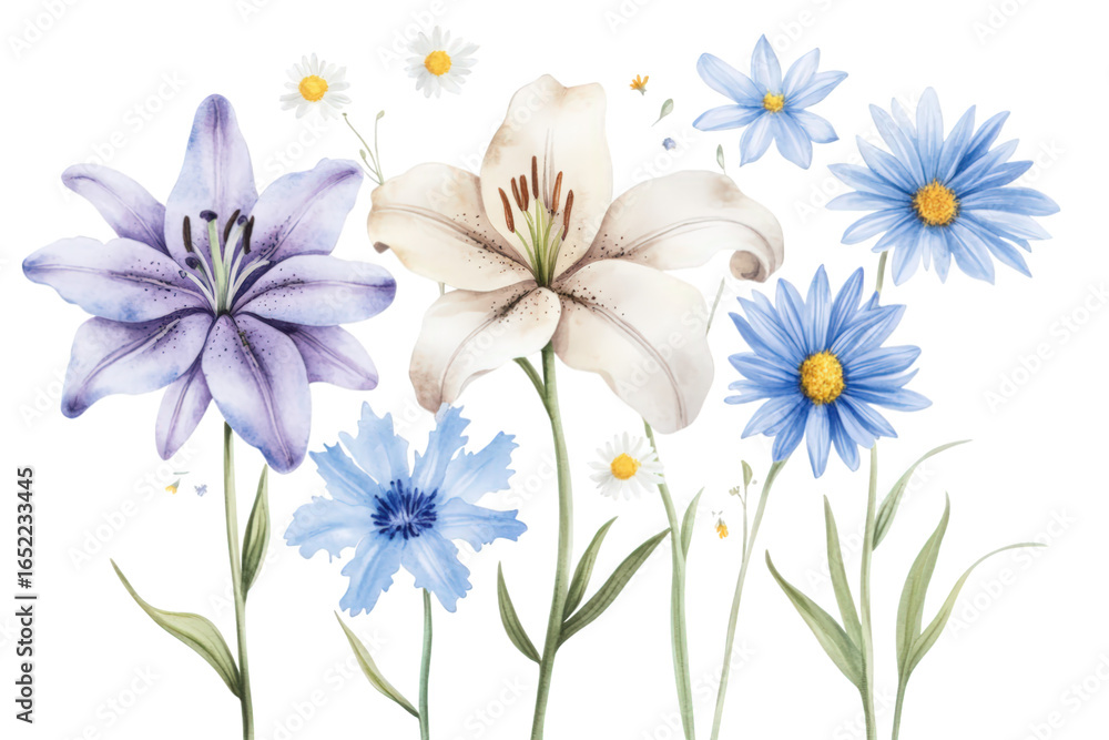 Naklejka premium Watercolor painting of lilies, daisies, and cornflowers isolated on transparent background