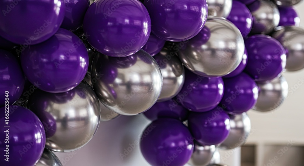 Fototapeta premium Abstract Arrangement of Purple and Silver Spheres with Reflective Surfaces.