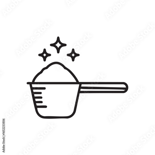 Laundry Detergent Scoop Outline Icon for Washing Powder or Cleaning Agent Measurement with Sparkles and Measuring Marks
