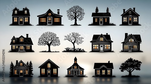 Real Estate and Property Glyph Icons – Black Exterior House Vector Design Pack