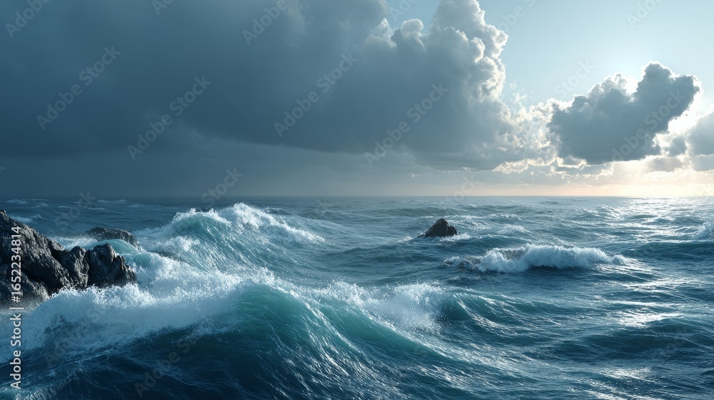 Fototapeta premium Dynamic ocean waves crash against rocky shoreline under a cloudy sky, showcasing nature's raw power and turbulent energy.