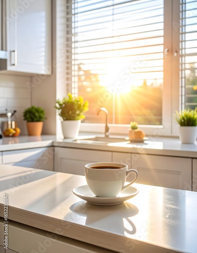 Morning coffee cup on kitchen counter bathed in golden sunlight through blinds
