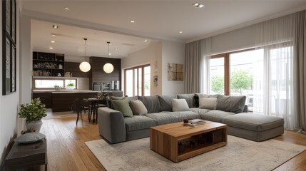 open space living room interior with kitchen dining room table and grey couch in entertainment center no logos no brands ar 169