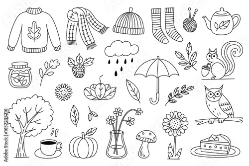 Cute Doodle Autumn Objects Collection Featuring Isolated Seasonal Elements Like Pumpkins, Food, Clothing, and Fall Animals for Decorative Autumn Designs and Creative Seasonal Illustrations