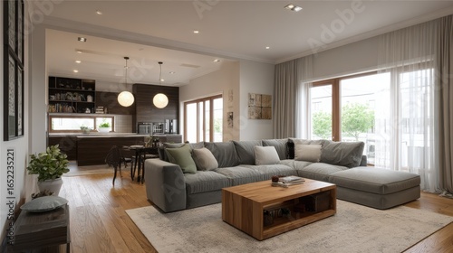 open space living room interior with kitchen dining room table and grey couch in entertainment center no logos no brands ar 169