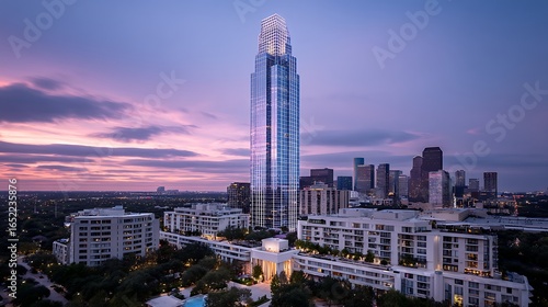 Stunning view of Williams Tower in Houston's Galleria area, showcasing modern architecture and the city  at dusk.