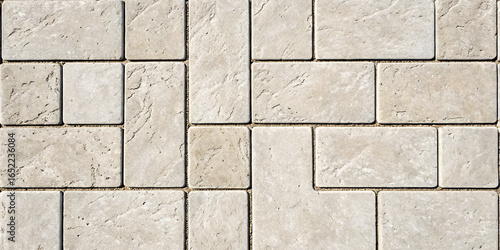 Light gray limestone modular pattern, mixed rectangular tile sizes, natural stone veining, contemporary random block layout, sophisticated design.