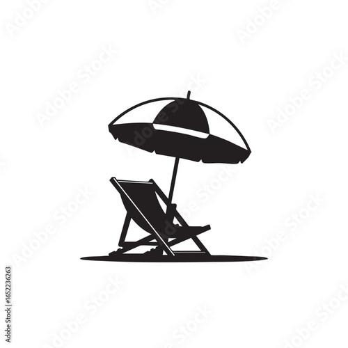 Minimalist beach relaxation concept with beach chair and umbrella design in black and white vector illustration