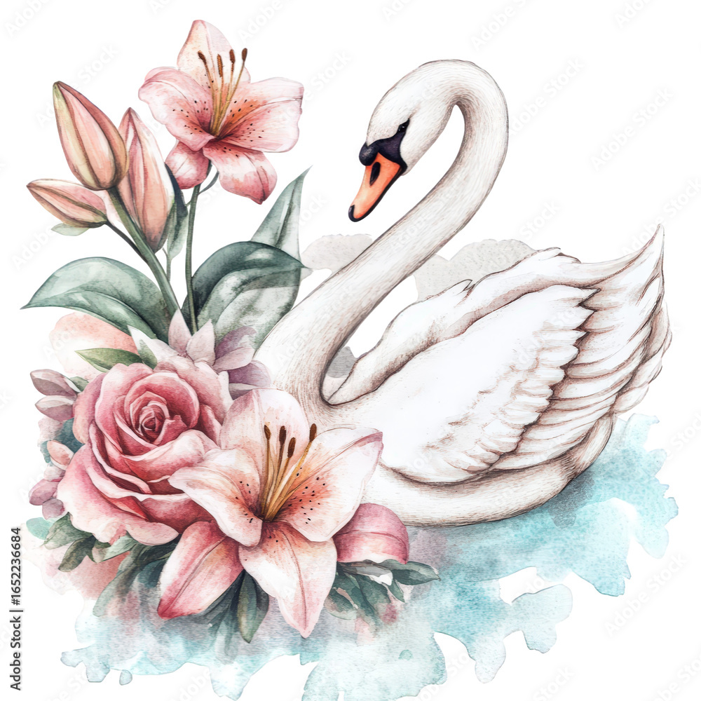 Fototapeta premium Graceful white swan adorned with soft pink flowers and lush greenery, isolated on transparent background