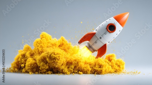 White rocket launching from a pile of yellow powder.