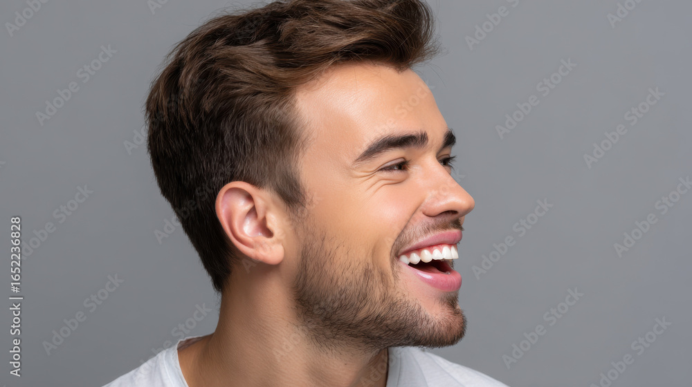 Fototapeta premium Young man smiling with levity and laughter showing happiness and joy in casual style